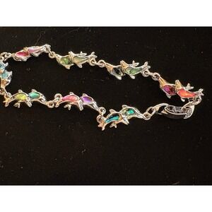 Silver Tone Multi Color Abalone Shell Double Dolphin Link Bracelet 7.5 Inch